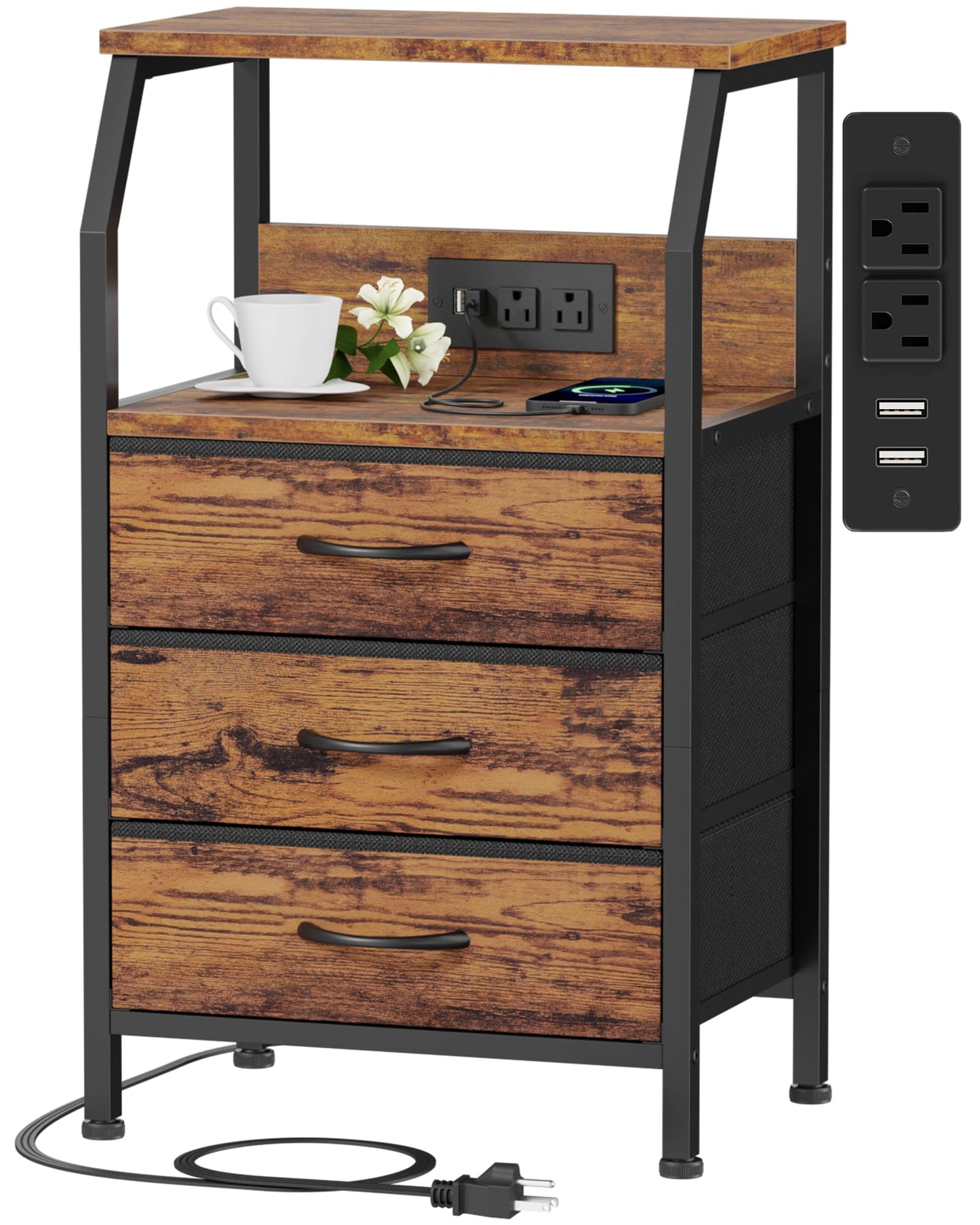 ⚡ White Nightstand with Charging Station – 3-Drawer Bedside Table with Power Outlets & Fabric Storage