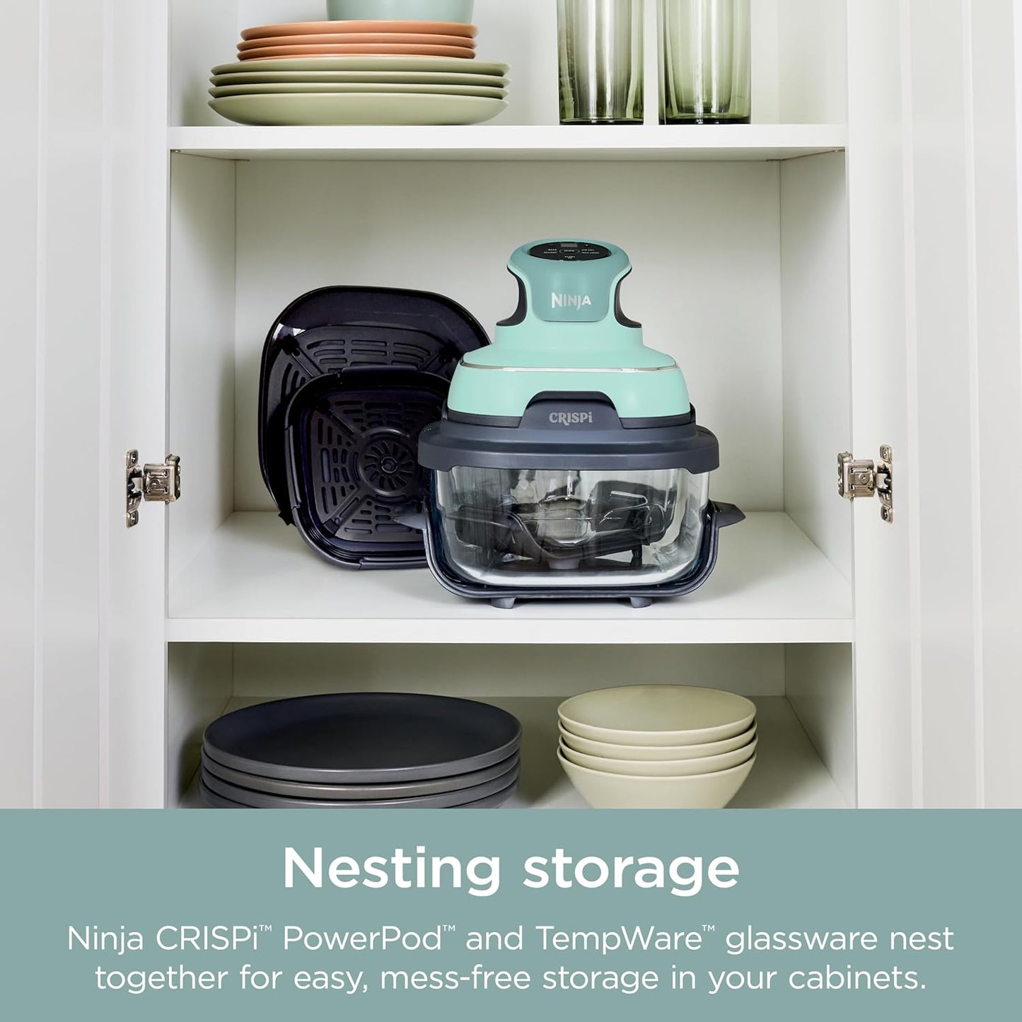 Crispi 4-In-1 Portable Glass Air Fryer Cooking System, 4 QT & 6 Cup Glass Containers with Storage Lids, Easy Meals, Microwave, Freezer & Dishwasher Safe, Air Fry, Bake, & More, Mint, FN101MT