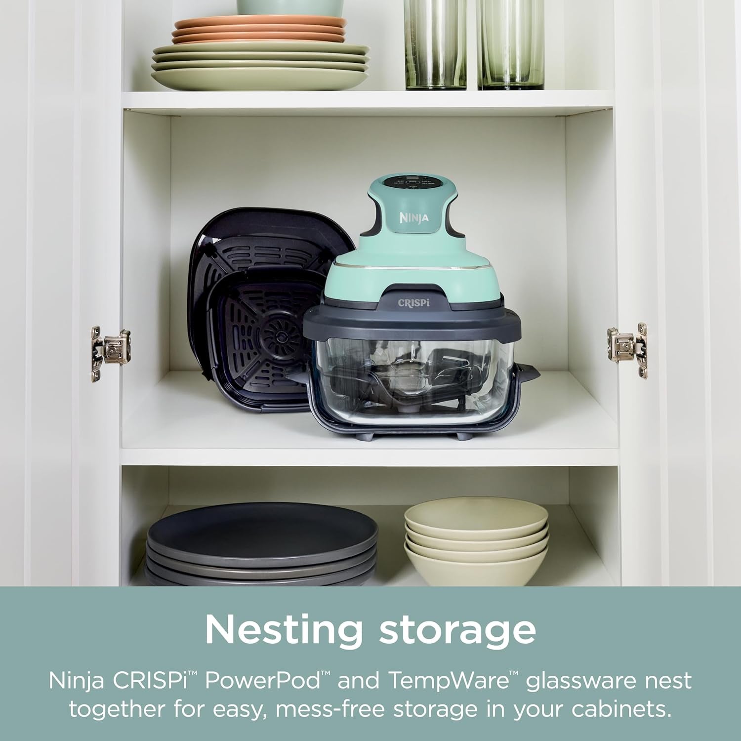 Crispi 4-In-1 Portable Glass Air Fryer Cooking System, 4 QT & 6 Cup Glass Containers with Storage Lids, Easy Meals, Microwave, Freezer & Dishwasher Safe, Air Fry, Bake, & More, Mint, FN101MT