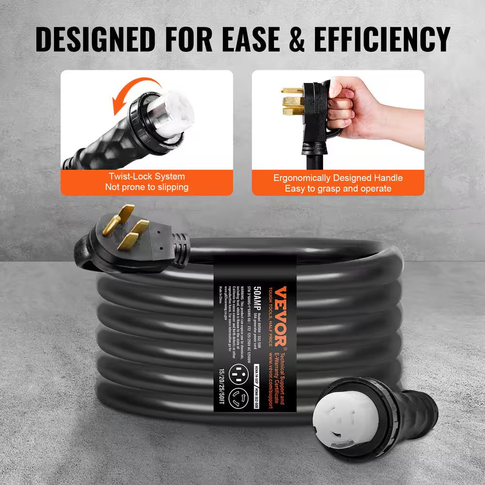 20 Ft. 50 Amp 125-Volt Generator Extension Cord and Power Inlet Box Kit STW 6/3 plus 8/1 AWG Generator Cord Twist Lock