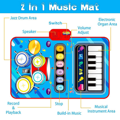 Upgraded Baby Toys for 1 Year Old Boys Girls, 2 in 1 Musical Toys Toddler Piano & Drum Mat with 2 Sticks, Learning Floor Blanket Gifts for 1 2 3 4 Year Boy Girl for Birthday Christmas