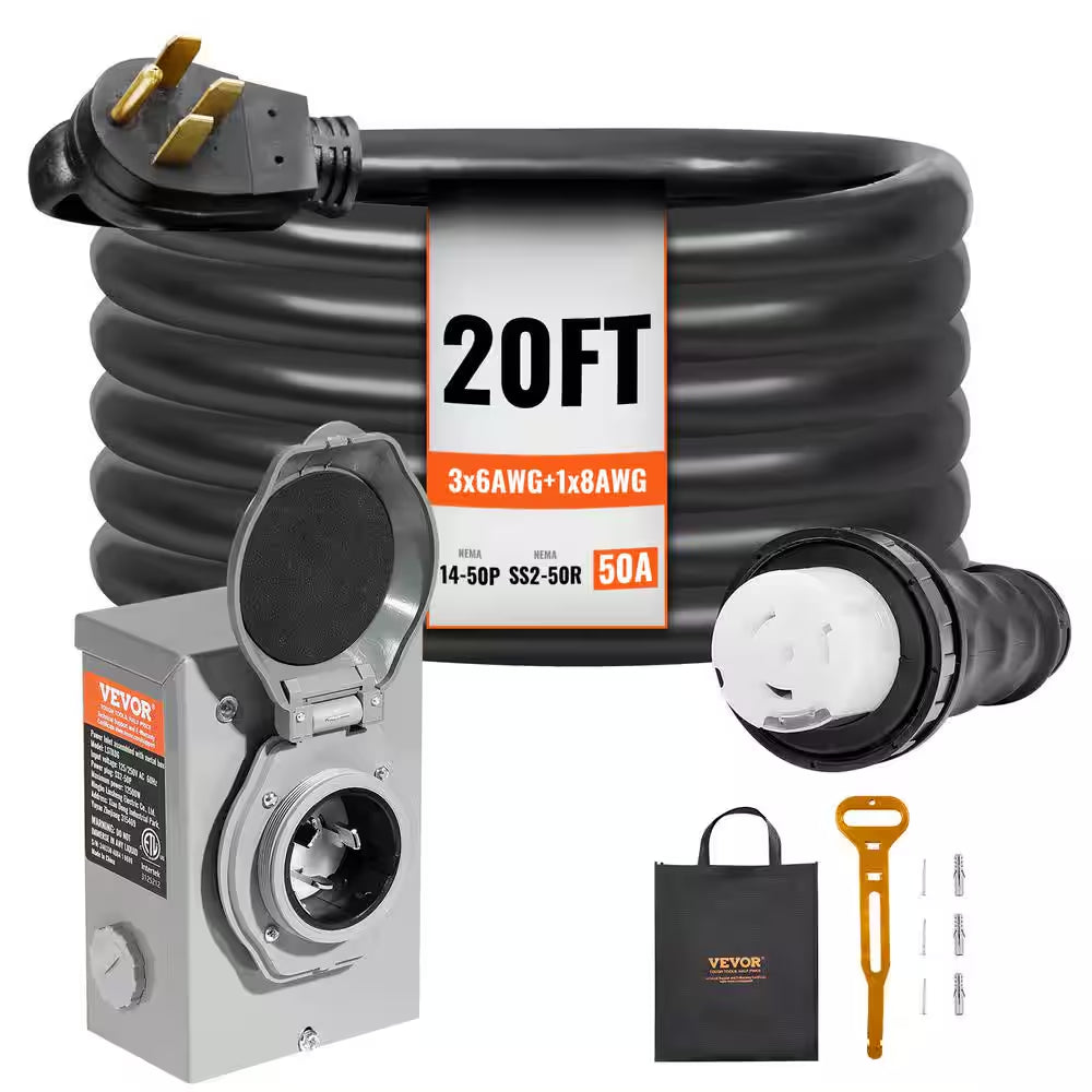 20 Ft. 50 Amp 125-Volt Generator Extension Cord and Power Inlet Box Kit STW 6/3 plus 8/1 AWG Generator Cord Twist Lock