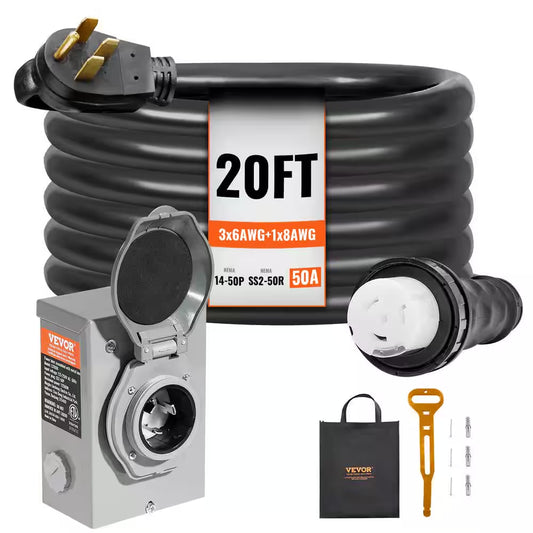 20 Ft. 50 Amp 125-Volt Generator Extension Cord and Power Inlet Box Kit STW 6/3 plus 8/1 AWG Generator Cord Twist Lock