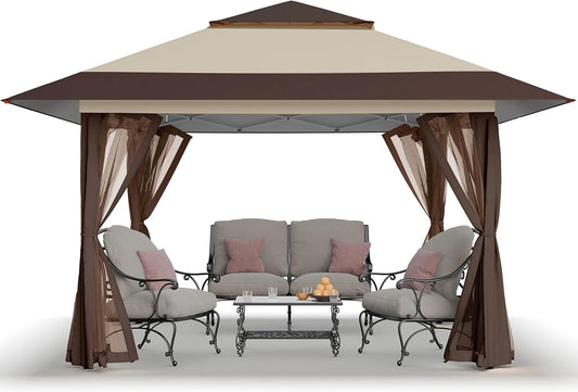 13X13 Pop up Gazebo, Canopy Tent, Gazebos on Clearance - Outdoor Gazebo for Backyard & Patio Furniture - Carpa Pop up Tent with Wheeled Sto-N-Go Cover Bag (Beige & Coffee)