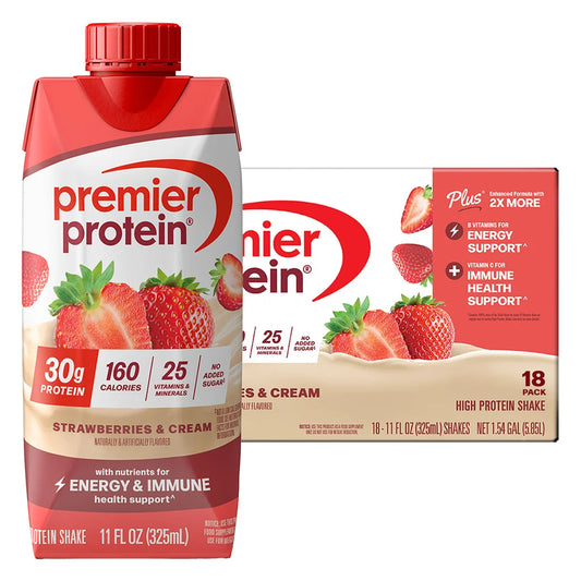 Premier 30g Protein PLUS Energy and Immune Support Shakes, Strawberries & Cream, 11 fl oz, 18-pack