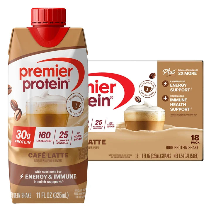 Premier 30g Protein PLUS Energy and Immune Support Shakes, Cafe Latte, 11 fl oz, 18-pack