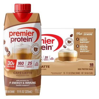 Premier 30g Protein PLUS Energy and Immune Support Shakes, Cafe Latte, 11 fl oz, 18-pack