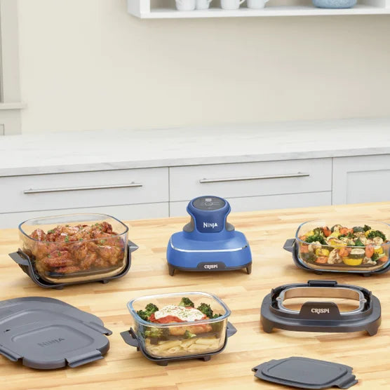 Ninja Crispi 5-In-1 Portable Glass Air Fry Cooking System, 3 Containers & Cover 4-QT, 2.5QT 6-CUP Containers ALL in ONE(Blue)