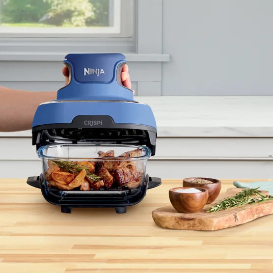 Ninja Crispi 5-In-1 Portable Glass Air Fry Cooking System, 3 Containers & Cover 4-QT, 2.5QT 6-CUP Containers ALL in ONE(Blue)
