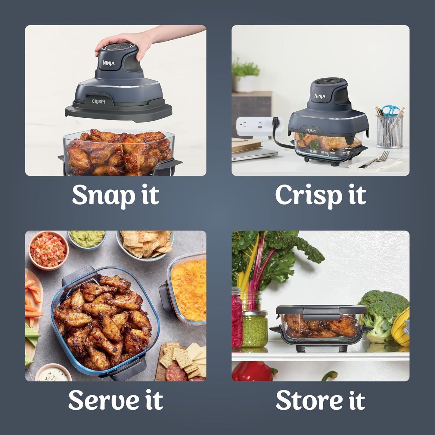 Crispi 4-In-1 Portable Glass Air Fryer Cooking System, 1500W, 4QT & 6-Cup Tempware Glass Containers with Storage Lids, Microwave, Freezer & Dishwasher Safe, Cyberspace Gray, FN101GY