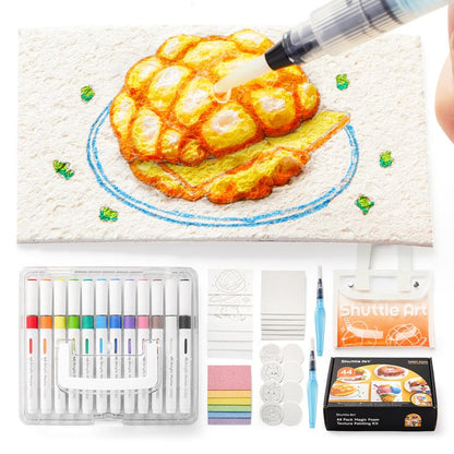 44 Pcs Magic Foam Texture Painting Kit, Including 28 Pcs Foam Texture Paper, 12 Colors Brush Tip Automatic Ink Control Acrylic Paint Markers, Magical 3D Effect Painting Kit for DIY Arts,Toys, Toy Crafts Gift