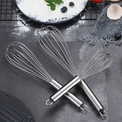 Whisk Set Pack of 3, Stainless Steel Whisks for Cooking 8",10",12", Wire Ballon Wisk (Silver)