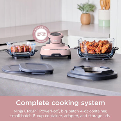 Crispi 4-In-1 Portable Glass Air Fryer Cooking System, 4 QT & 6 Cup Glass Containers with Storage Lids, Easy Meals, Microwave, Freezer & Dishwasher Safe, Air Fry, Bake, & More, Pink, FN101PK