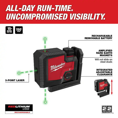 Green 100 Ft. 3-Point Rechargeable Laser Level with REDLITHIUM Lithium-Ion USB Battery and Charger
