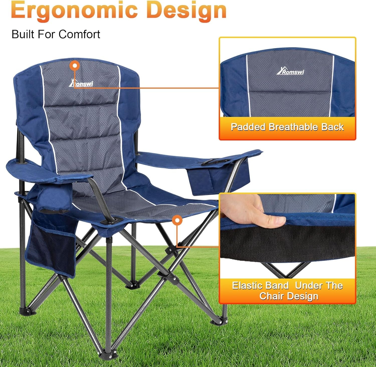 Oversized Camping Chairs,Heavy Duty Support 500 Lbs,Padded Back & Arm Sport Chairs, Cup Holder Cooler Bag, Collapsible Folding Chairs for Outdoor, Fishing & Garden, Blue,2-Pack