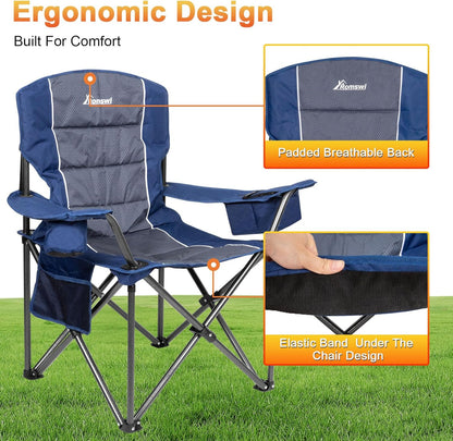 Oversized Camping Chairs,Heavy Duty Support 500 Lbs,Padded Back & Arm Sport Chairs, Cup Holder Cooler Bag, Collapsible Folding Chairs for Outdoor, Fishing & Garden, Blue,2-Pack