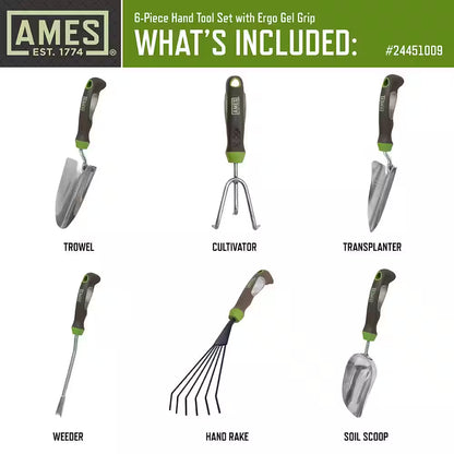 6-Piece Garden Tool Set - Hand Trowel, Hand Weeder, Hand Rake, Hand Transplanter, Hand Scoop and Hand Cultivator