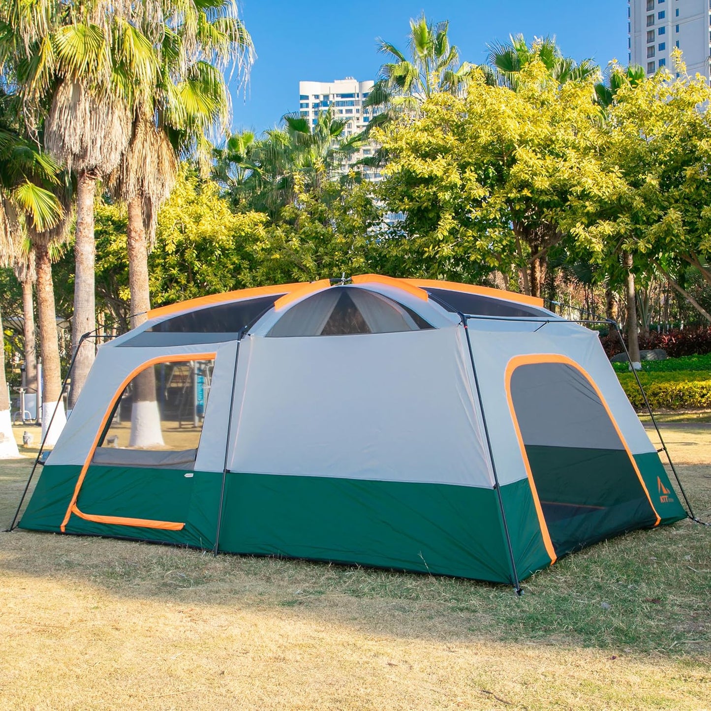 Extra Large Tent 10-12-14 Person(A),Family Cabin Tents,2 Rooms,3 Doors and 3 Windows with Mesh,Straight Wall,Waterproof,Double Layer,Big Tent for Outdoor,Picnic,Camping,Family Gathering