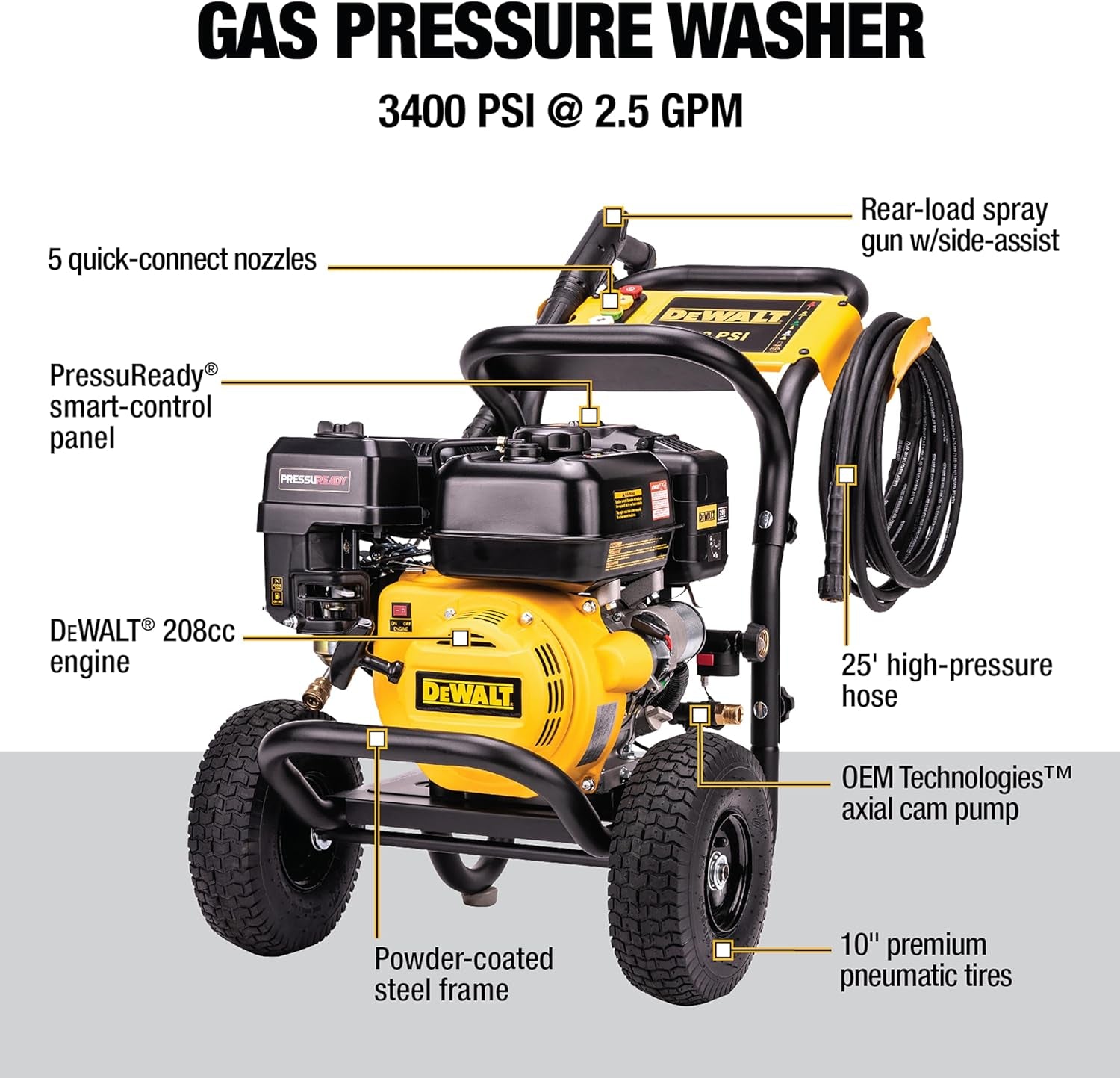 DXPW3400PRNB-S Pressuready 3400 PSI Gas Pressure Washer with Quick Start Technology, 2.5 GPM Axial Cam Pump, 208Cc Engine, Cold Water, Includes 25-Ft Hose, Nozzles, Spray Gun & Wand, 49-State