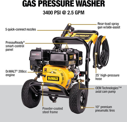 DXPW3400PRNB-S Pressuready 3400 PSI Gas Pressure Washer with Quick Start Technology, 2.5 GPM Axial Cam Pump, 208Cc Engine, Cold Water, Includes 25-Ft Hose, Nozzles, Spray Gun & Wand, 49-State