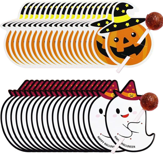 100 Pcs Halloween Lollipop Jam Chocolate Candy Holder Paper Cards Creative DIY Pumpkin Ghost Sugar Card Wrapping for Halloween Party Gift Accessories Decorations