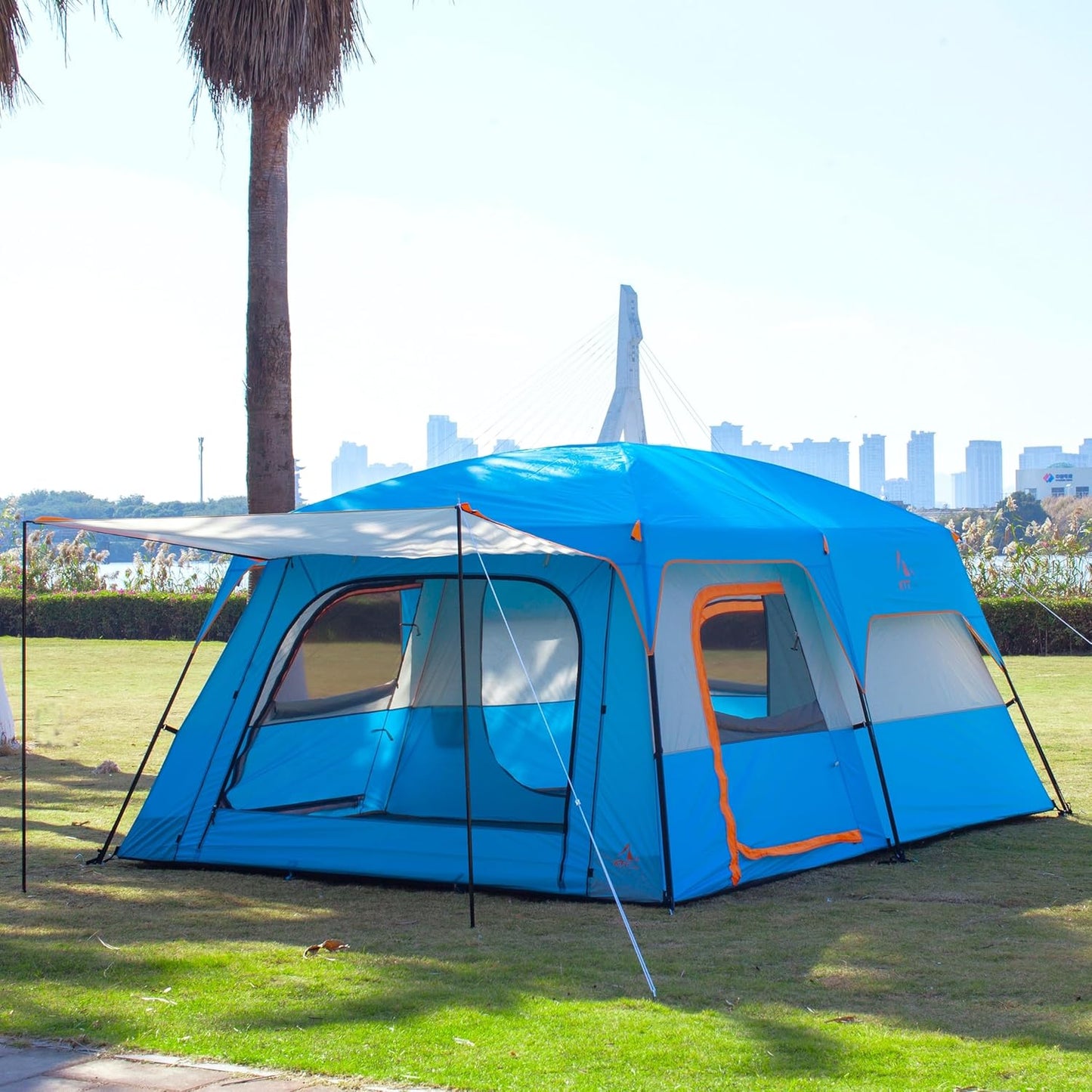 Extra Large Tent 10-12-14 Person(A),Family Cabin Tents,2 Rooms,3 Doors and 3 Windows with Mesh,Straight Wall,Waterproof,Double Layer,Big Tent for Outdoor,Picnic,Camping,Family Gathering