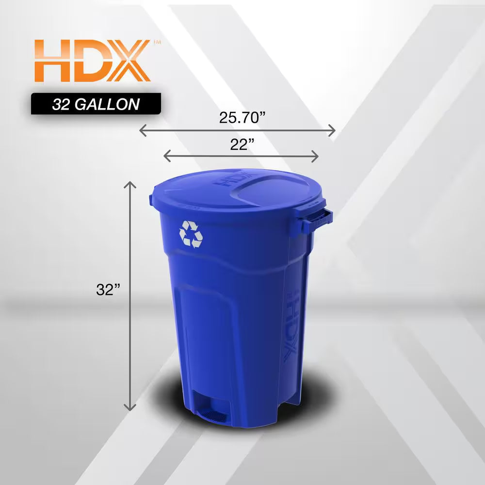 32 Gal. Blue Heavy Duty Outdoor Recycling Trash Can with Domed Lid