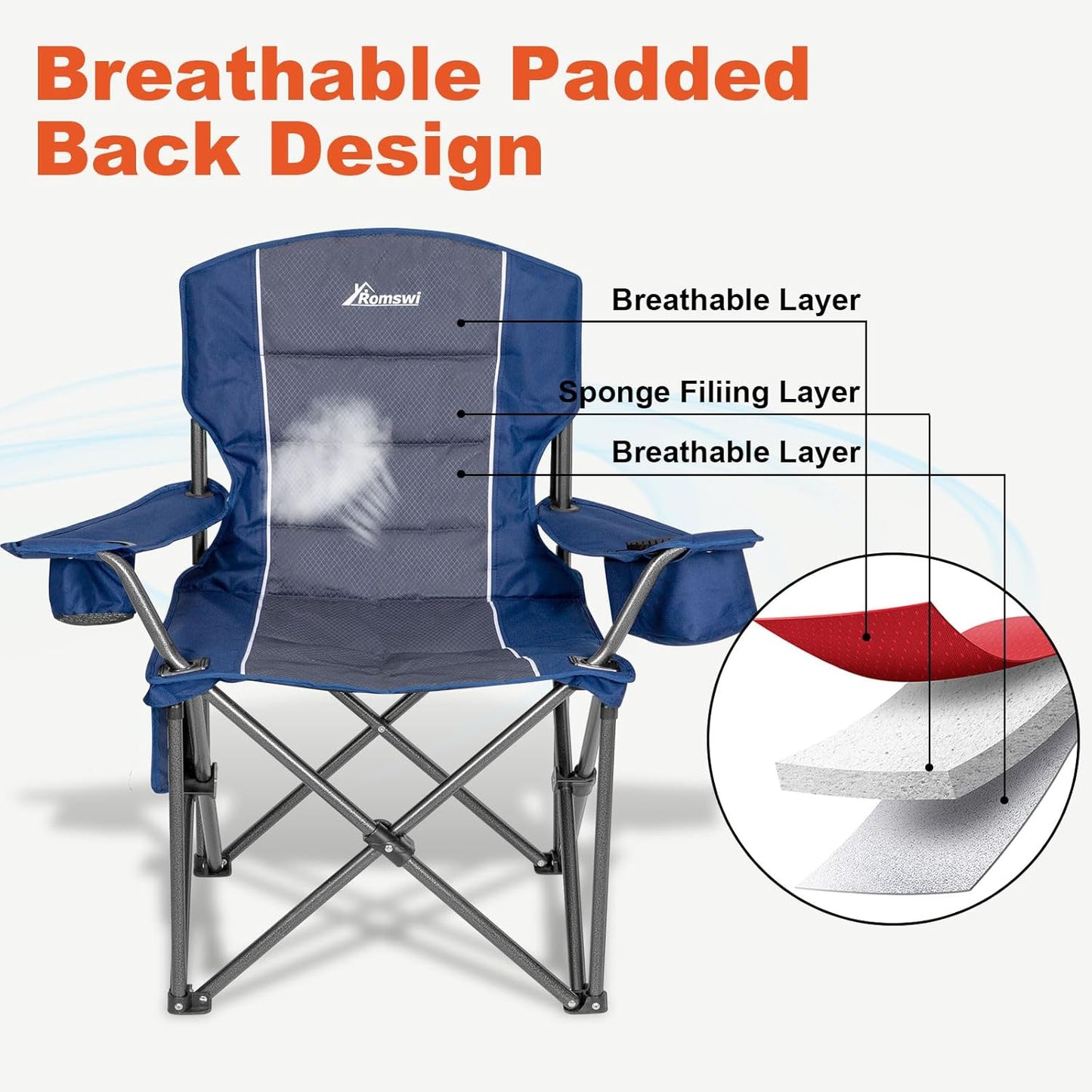 Oversized Camping Chairs,Heavy Duty Support 500 Lbs,Padded Back & Arm Sport Chairs, Cup Holder Cooler Bag, Collapsible Folding Chairs for Outdoor, Fishing & Garden, Blue,2-Pack