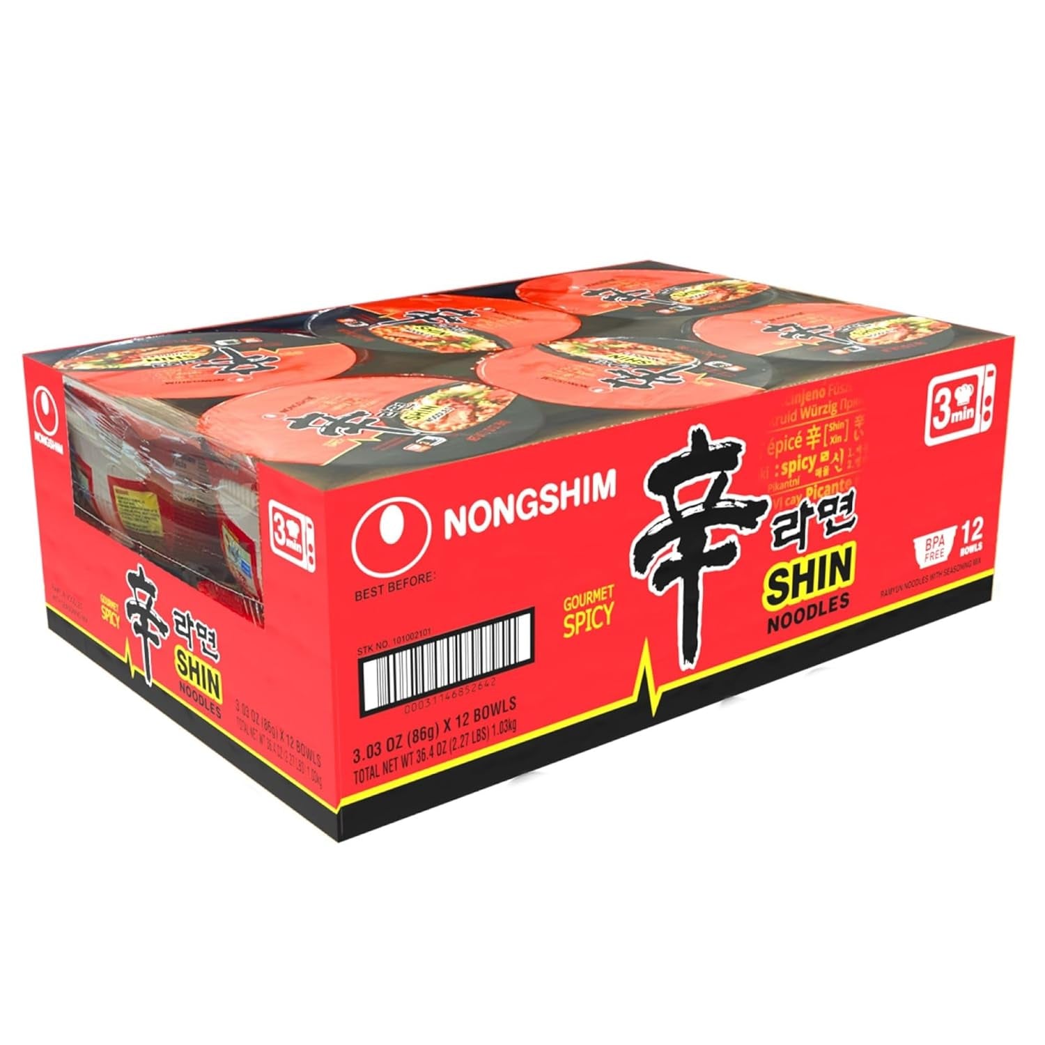 Ramen Noodles, Gourmet Instant Ramen Bowl, Premium Microwavable Noodle Soup, Spicy Shin, 3.03 Ounce (Pack of 12)