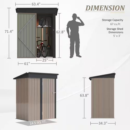 5 Ft. W X 3 Ft. D Outdoor Storage Metal Shed Lockable Metal Garden Shed for Backyard Outdoor (14.5 Sq. Ft.)