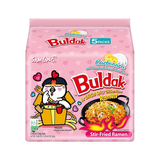 Buldak Spicy Ramen, Hot Chicken Ramen, Korean Stir-Fried Instant Noodle, Carbonara, 1 Bag with 5 Pack