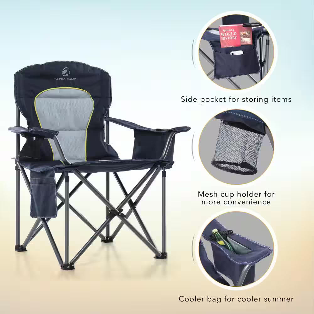 Oversized Folding Camping Chair with Cooler Bag Thicken Padded Chair Heavy-Duty Linearity Design