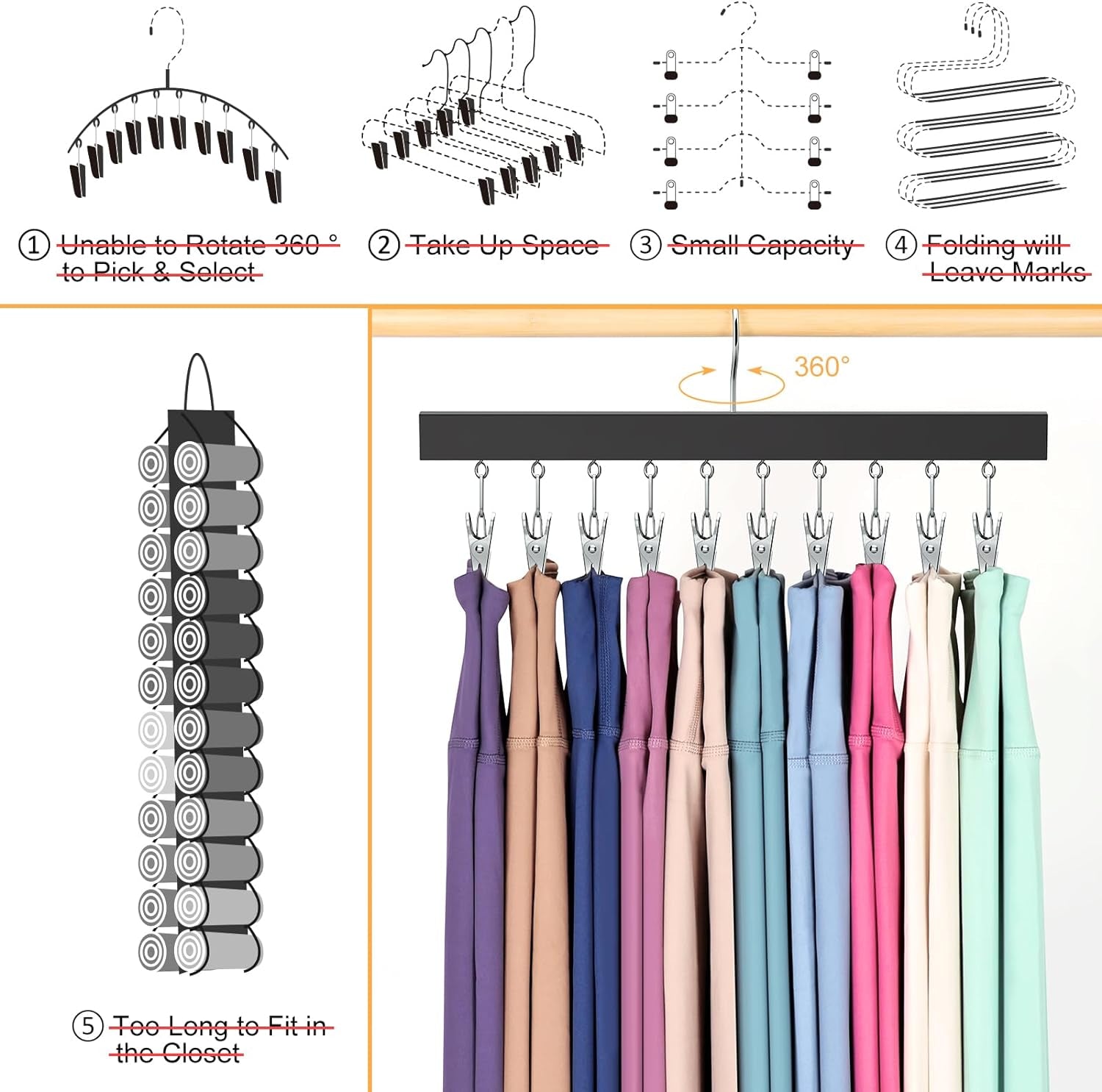 Legging Organizer for Closet, Pants Hangers with Clips Holds 20 Leggings, Jeans, Hats, Shorts, Socks, 360° Rotating Space Saving Hanging Clothes Organizer for Closet Organizers and Storage 2Pcs