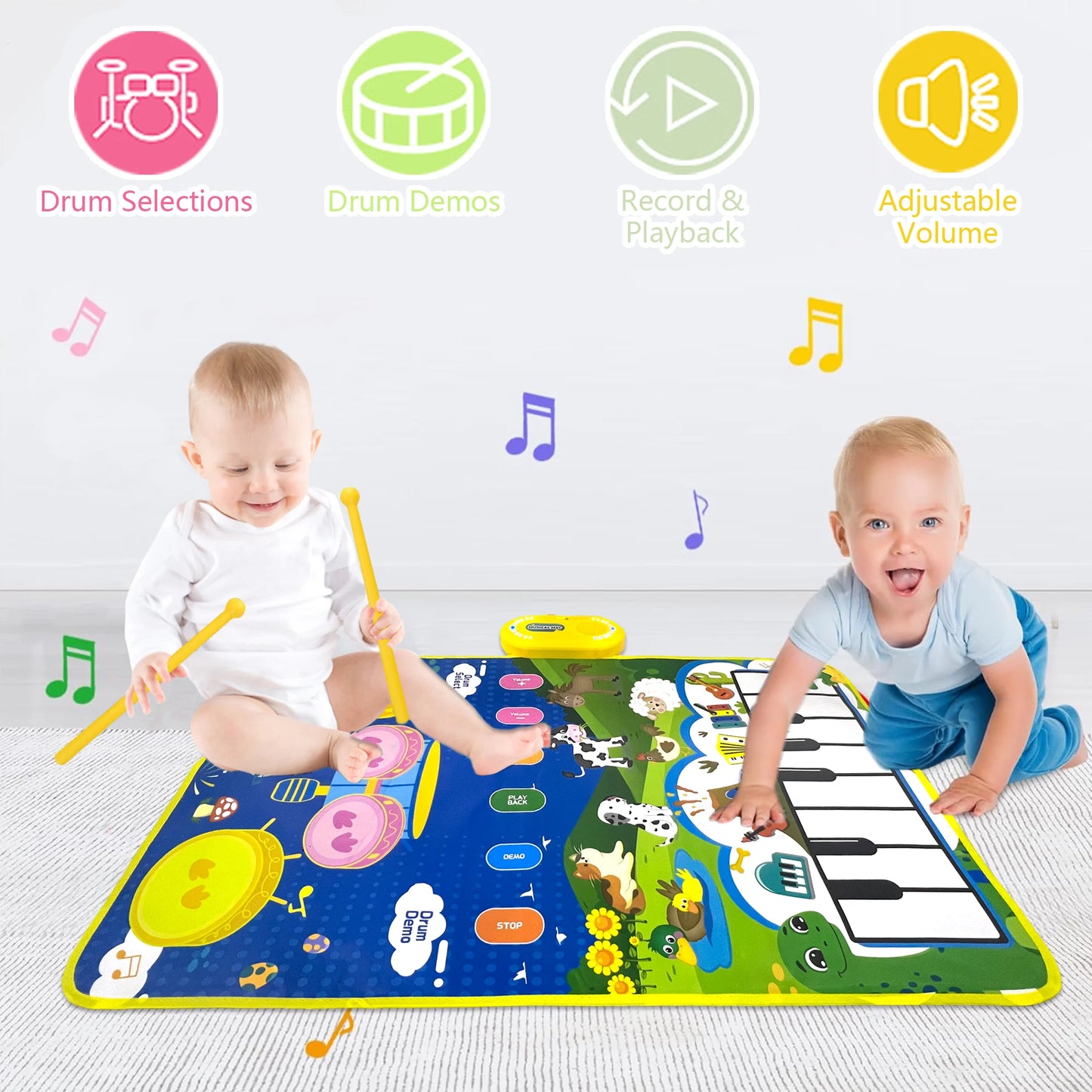 Upgraded Baby Toys for 1 Year Old Boys Girls, 2 in 1 Musical Toys Toddler Piano & Drum Mat with 2 Sticks, Learning Floor Blanket Gifts for 1 2 3 4 Year Boy Girl for Birthday Christmas