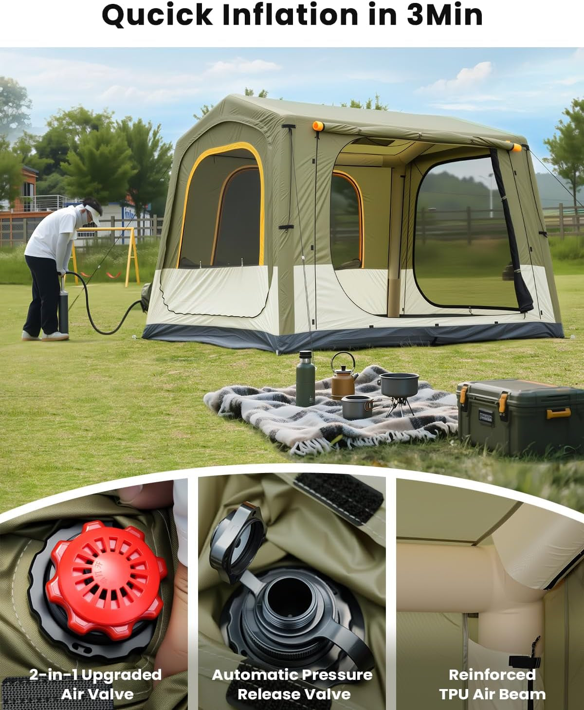 Inflatable Tents for Camping, Blow up Tent with Hand Pump, Easy Setup Inflatable Hot Tent with Stove Jack, Waterproof Oxford Air Glamping Tents for Camping Adult 4-6 Person