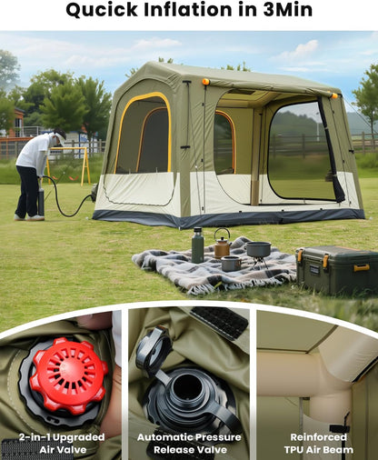 Inflatable Tents for Camping, Blow up Tent with Hand Pump, Easy Setup Inflatable Hot Tent with Stove Jack, Waterproof Oxford Air Glamping Tents for Camping Adult 4-6 Person