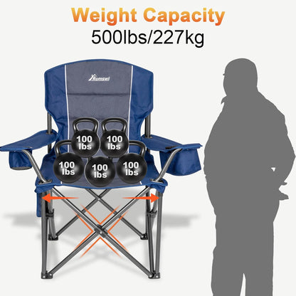 Oversized Camping Chairs,Heavy Duty Support 500 Lbs,Padded Back & Arm Sport Chairs, Cup Holder Cooler Bag, Collapsible Folding Chairs for Outdoor, Fishing & Garden, Blue,2-Pack