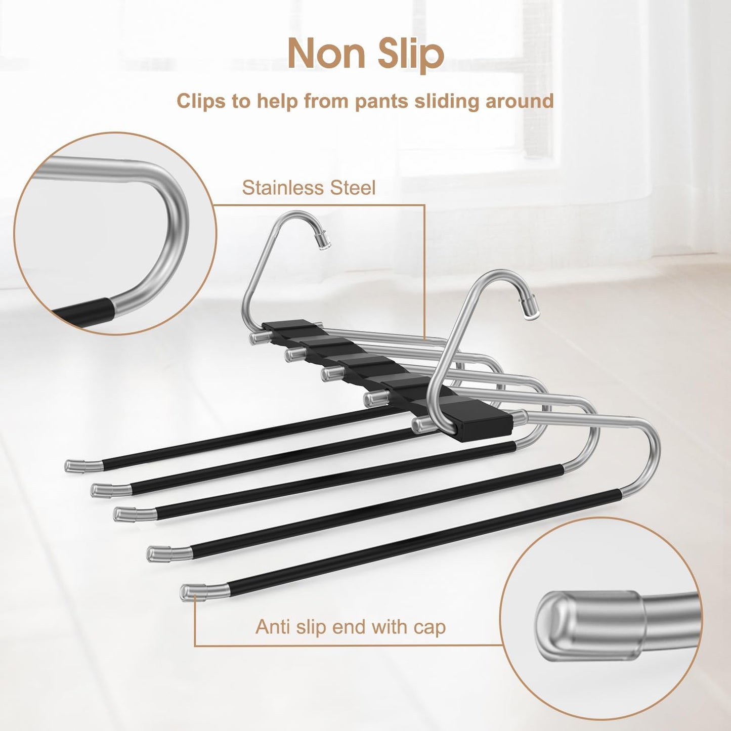 2 Pack Pants Hangers Space Saving, Anti-Slip Multi-Functional Pants Rack, Thickened Stainless Steel Tube, Two Hanging Modes Suitable for Jeans Trousers Skirts Scarf-Black