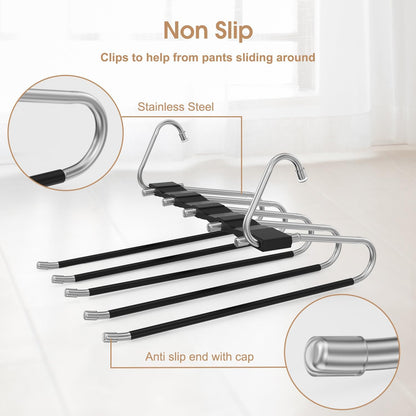 2 Pack Pants Hangers Space Saving, Anti-Slip Multi-Functional Pants Rack, Thickened Stainless Steel Tube, Two Hanging Modes Suitable for Jeans Trousers Skirts Scarf-Black