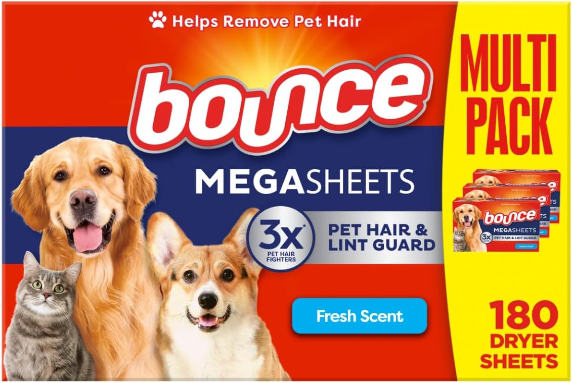 Pet Hair and Lint Guard Fabric Softener Dryer Sheets | Fresh Scent | 3X Pet Hair Fighters | Mega Sheets | 180 Count, Pack of 3