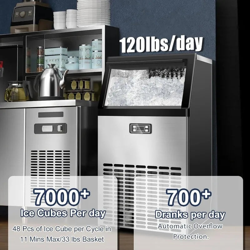 Commercial Ice Machine，120Lbs/Day Large Ice Maker, Stainless Steel Ice Machine with 33 Lbs Capacity, Ideal for Restaurant, Bars