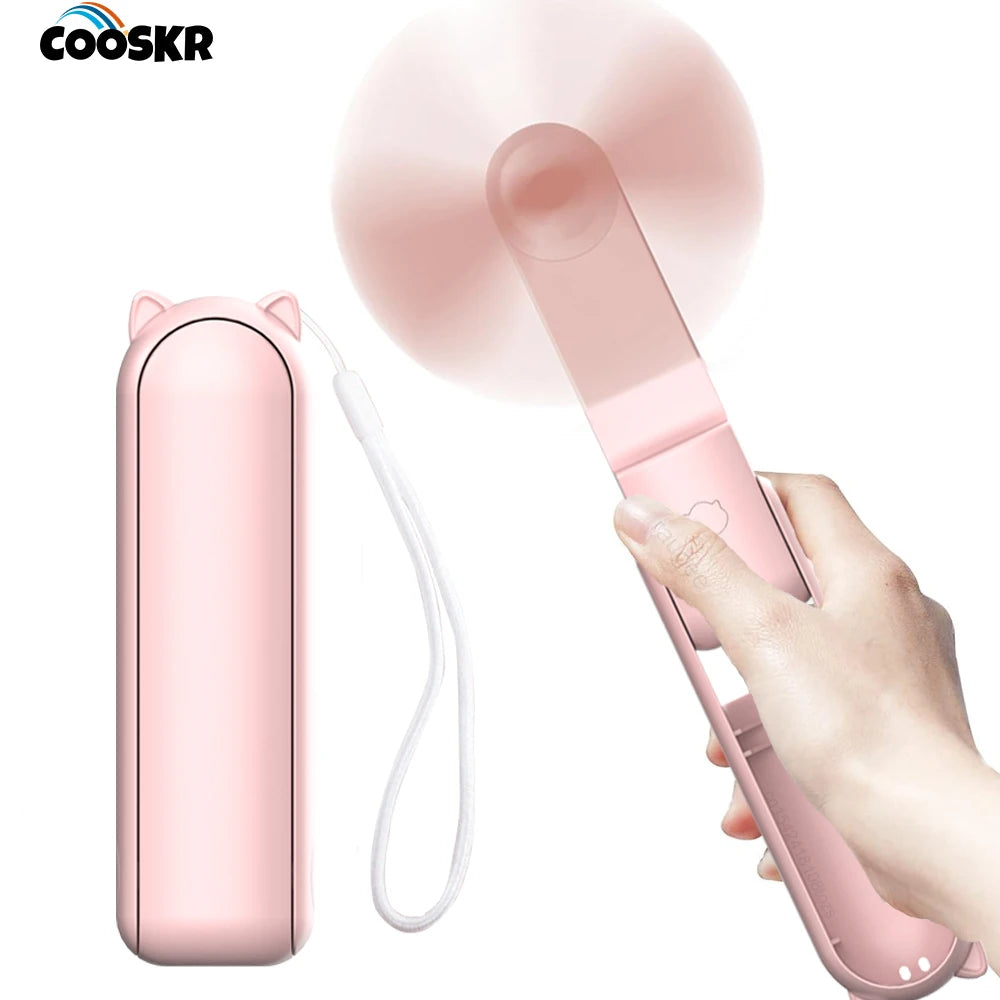 Portable Fan 2000Mah USB Rechargeable 3 Speed Mini Handheld Foldable Fan Hand Held Small Pocket Travel Fan with Handy Power Bank