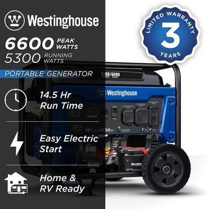 6,600/5,300-Watt Gas Powered Portable Generator with Electric Start, 30A 120/240V Outlet