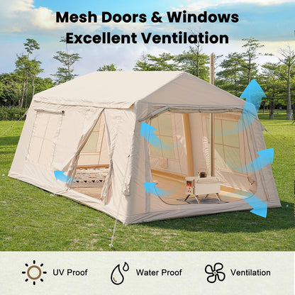 Inflatable Tents for Camping, Blow up Tent with Hand Pump, Easy Setup Inflatable Hot Tent with Stove Jack, Waterproof Oxford Air Glamping Tents for Camping Adult 4-6 Person