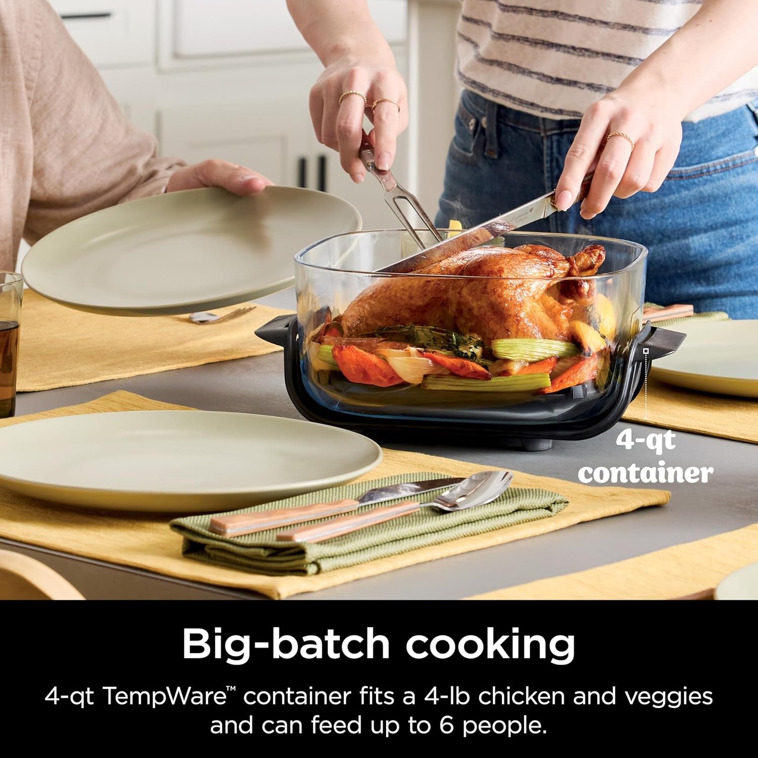 Crispi 4-In-1 Portable Glass Air Fryer Cooking System, 1500W, 4QT & 6-Cup Tempware Glass Containers with Storage Lids, Microwave, Freezer & Dishwasher Safe, Cyberspace Gray, FN101GY