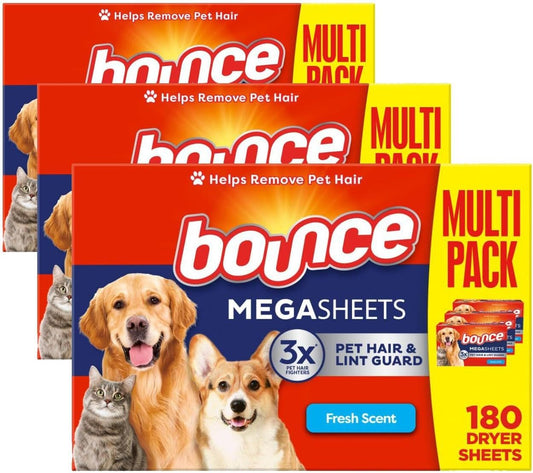 Pet Hair and Lint Guard Fabric Softener Dryer Sheets | Fresh Scent | 3X Pet Hair Fighters | Mega Sheets | 180 Count, Pack of 3