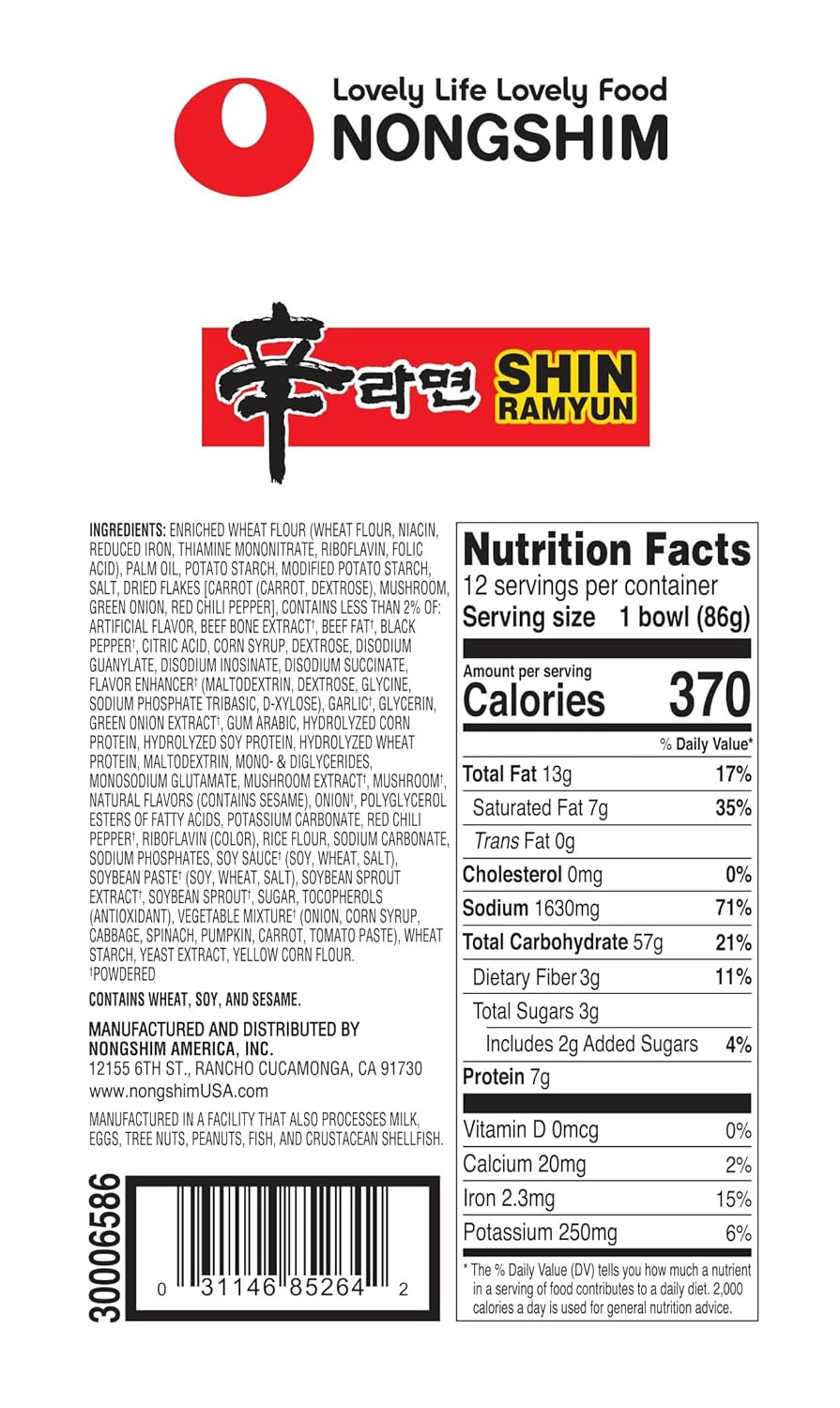 Ramen Noodles, Gourmet Instant Ramen Bowl, Premium Microwavable Noodle Soup, Spicy Shin, 3.03 Ounce (Pack of 12)