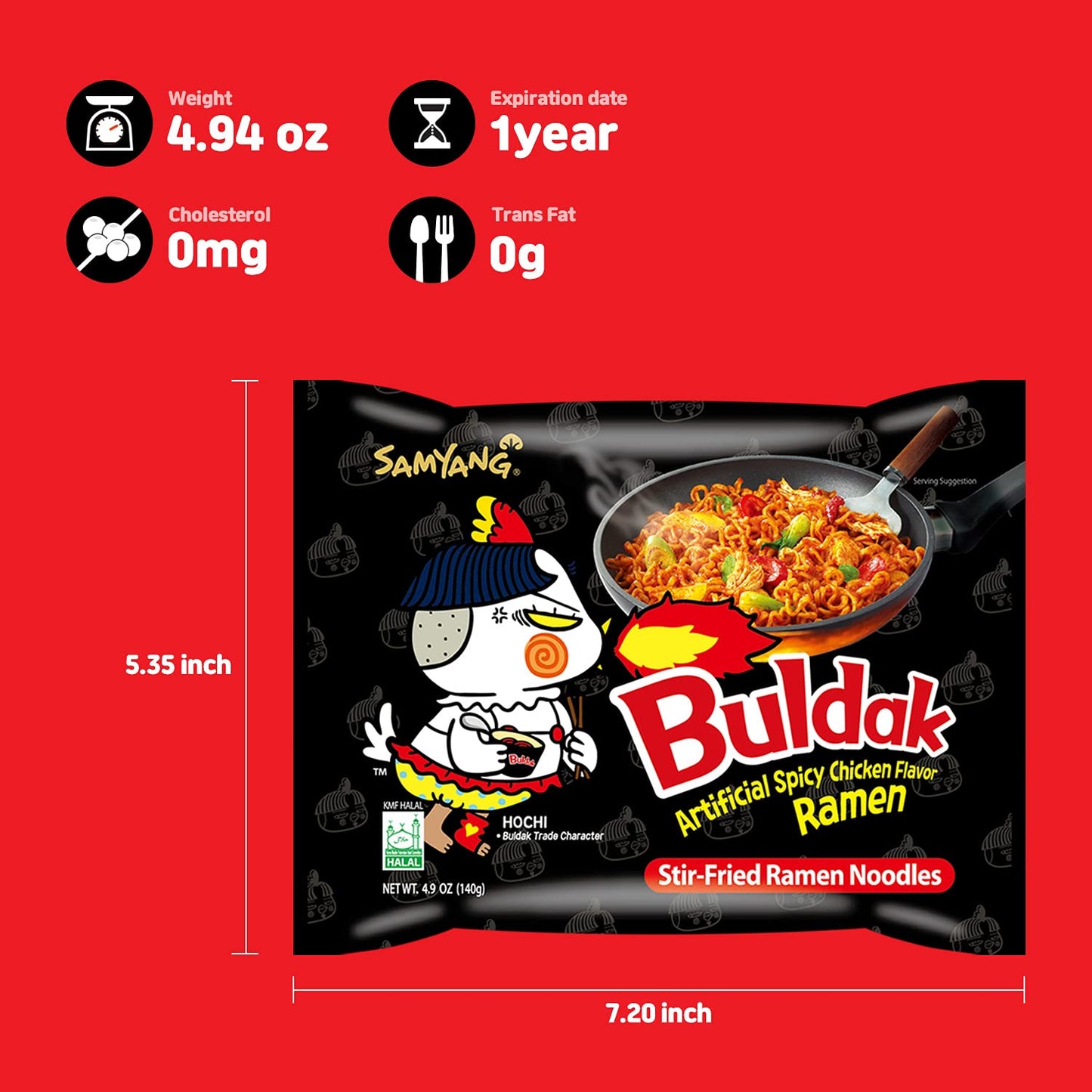 Buldak (Korean) Hot Spicy Chicken Stir Fried Ramen (Noodles) 4.94 Oz (Pack of 20)