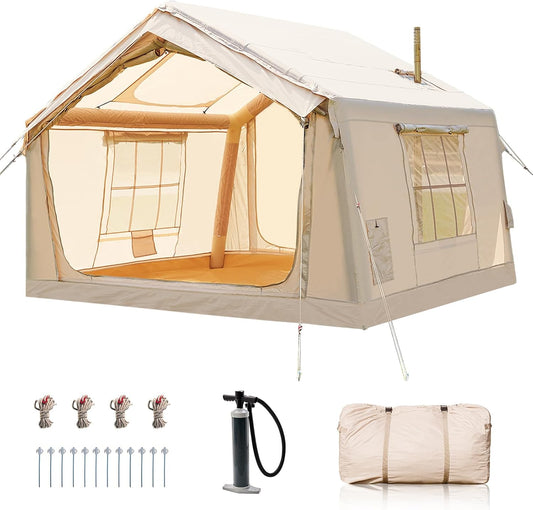 Inflatable Tents for Camping, Blow up Tent with Hand Pump, Easy Setup Inflatable Hot Tent with Stove Jack, Waterproof Oxford Air Glamping Tents for Camping Adult 4-6 Person