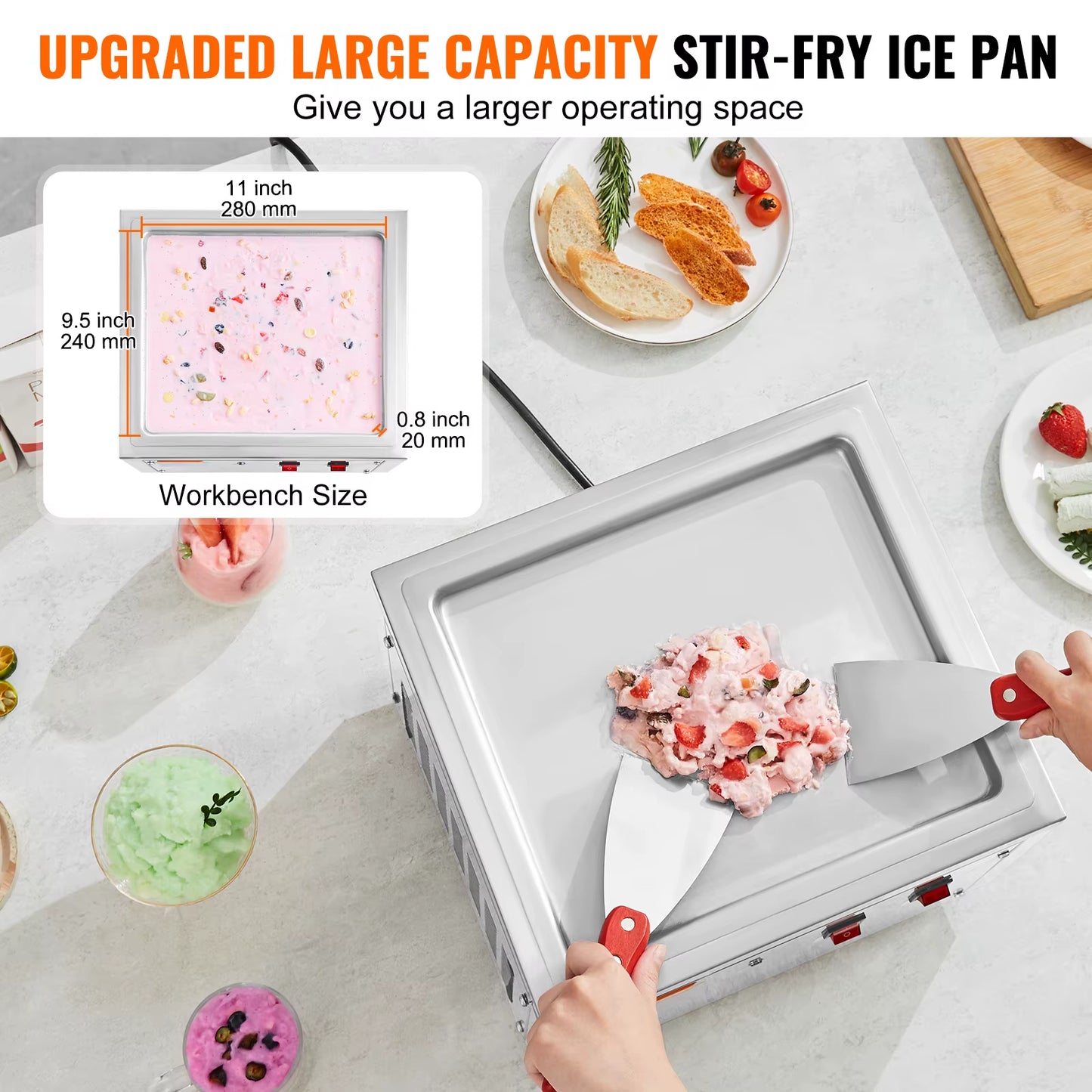 Fried Ice Cream Roll Machin Stainless Steel Rolled Ice Cream Maker with Compressor for Making Ice Cream Frozen Yogurt, Ice